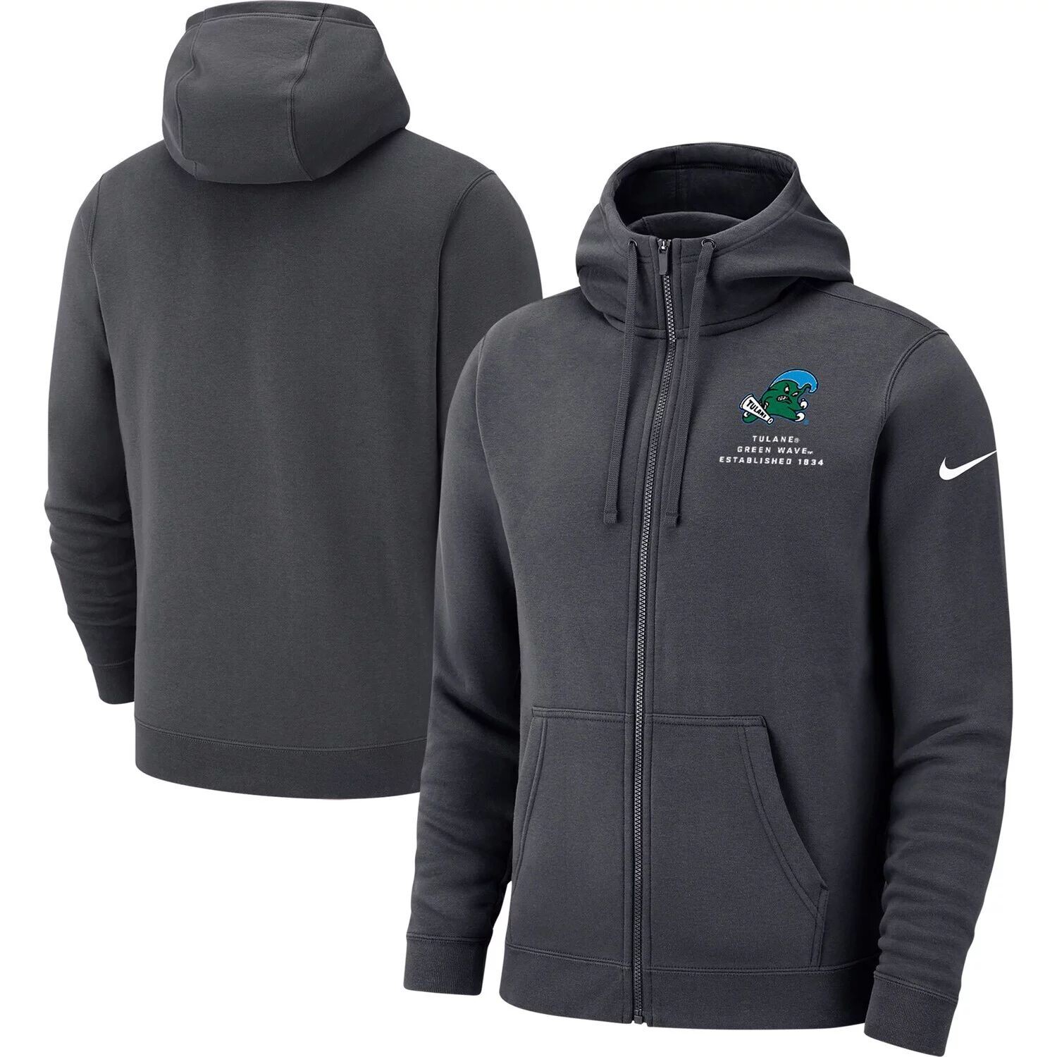 

Мужская толстовка с молнией во всю длину антрацитового цвета Tulane Green Wave Club Nike