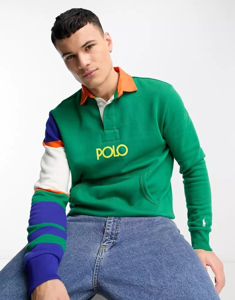 

Зеленая футболка-поло для регби с центральными полосками и логотипом Polo Ralph Lauren