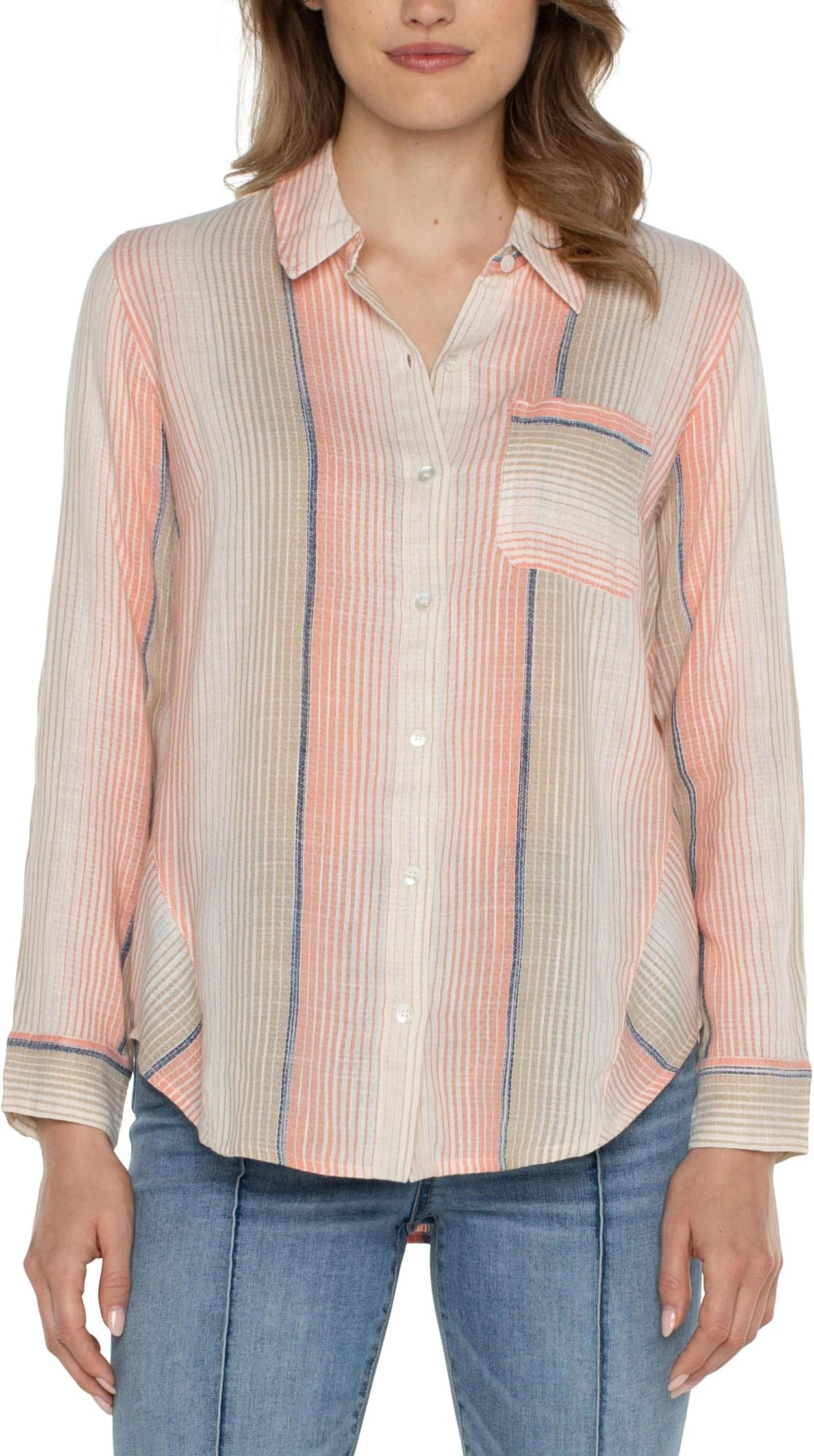 

Рубашка Liverpool Los Angeles Button Front Shirt with 3/4 Sleeve Ombre Woven Stripe, цвет Orange Tan Multi