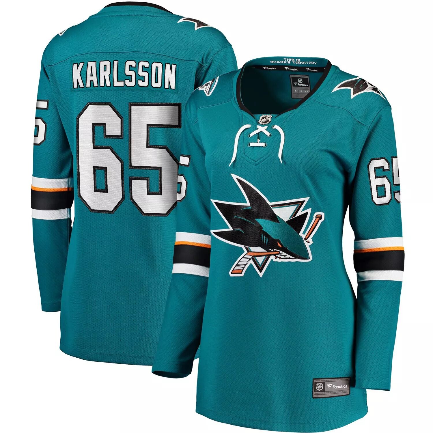 

Женская футболка Fanatics с фирменным логотипом Erik Karlsson Бирюзовая футболка San Jose Sharks Home Premier Breakaway Player Fanatics