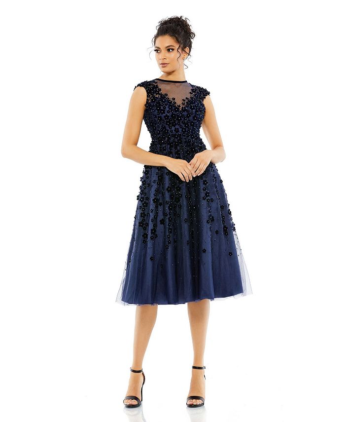 цена Женское платье миди с высоким воротом и рукавами-крылышками, украшенным иллюзией Mac Duggal, синий