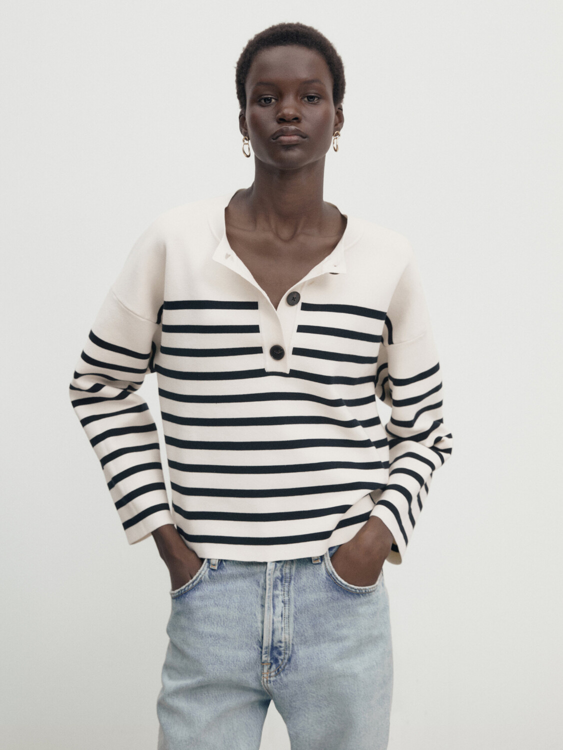 

Трикотажный свитер henley в полоску Massimo Dutti, кремовый, Бежевый