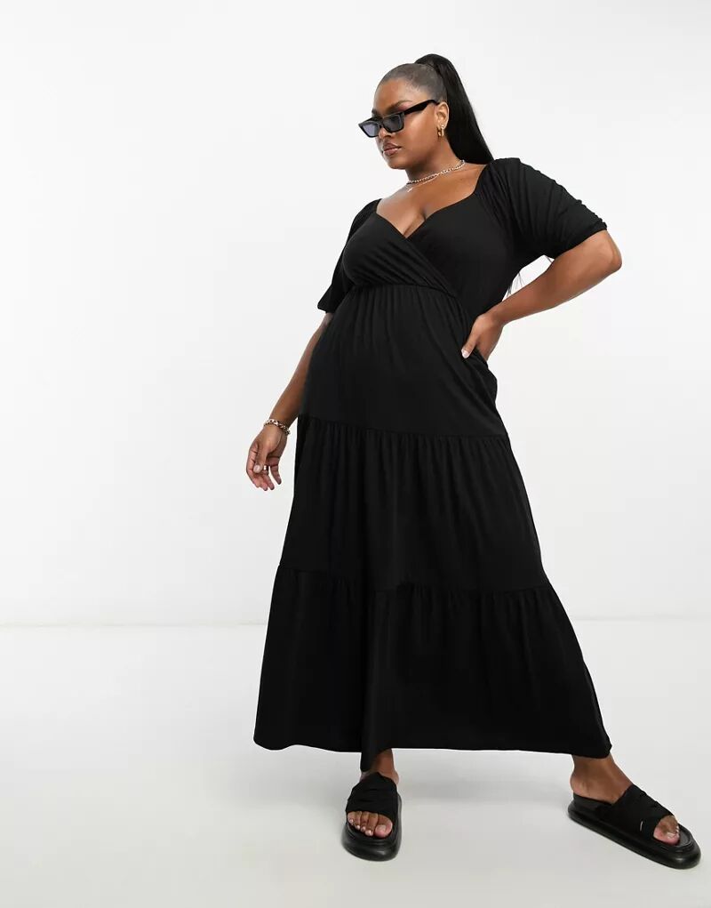 Черное ярусное платье миди с запахом и короткими рукавами ASOS DESIGN Curve