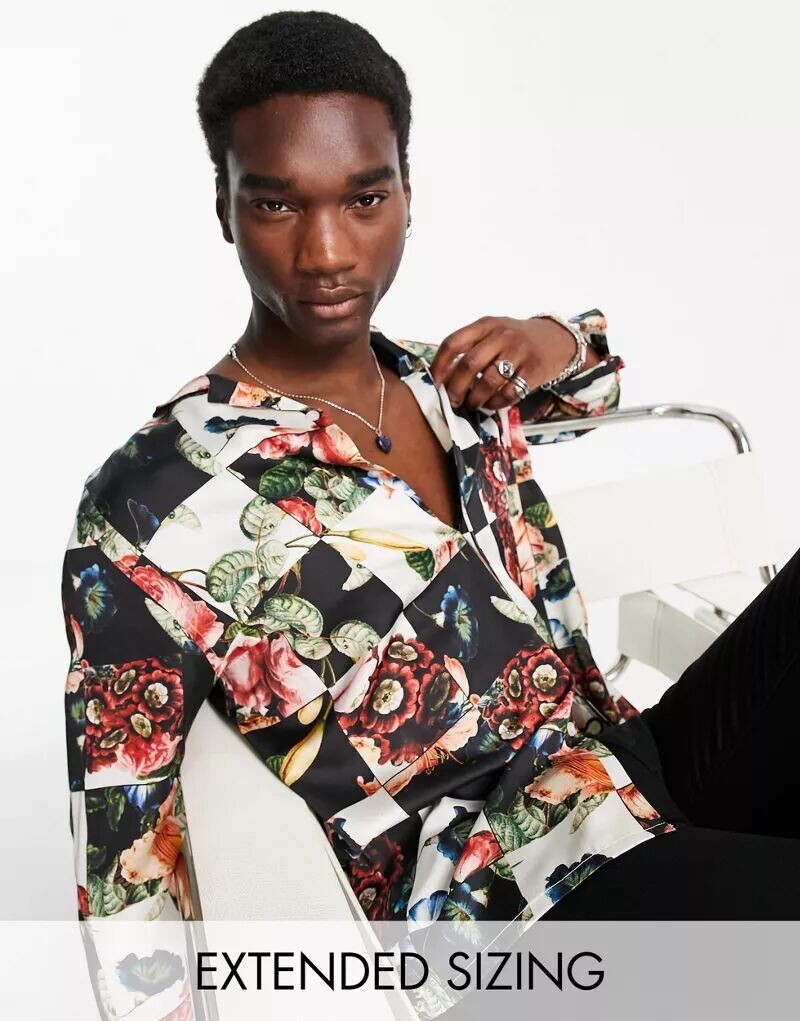 

Атласная рубашка свободного кроя с воротником с лацканами ASOS в цветочный шахматный принт