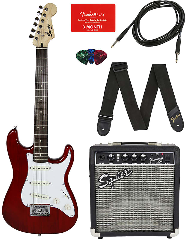 цена Электрогитара Fender Squier Short Scale 24-Inch Strat Pack - Transparent Red w/ Tuner