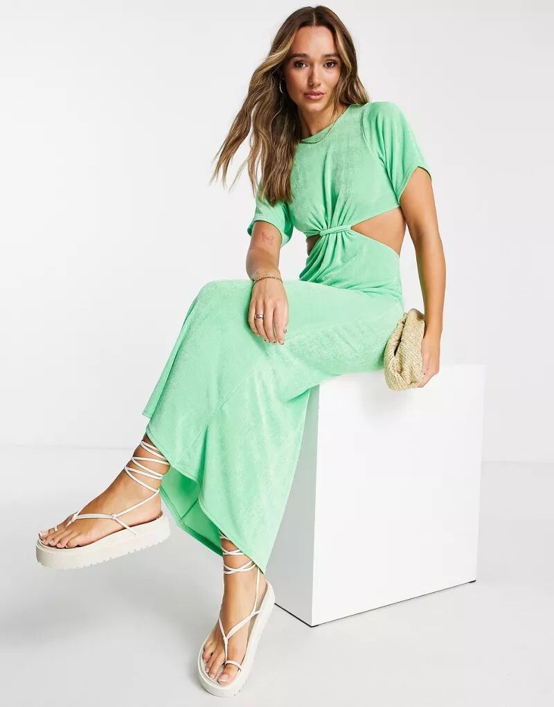 Ярко-зеленое приталенное платье-футболка миди с вырезами ASOS