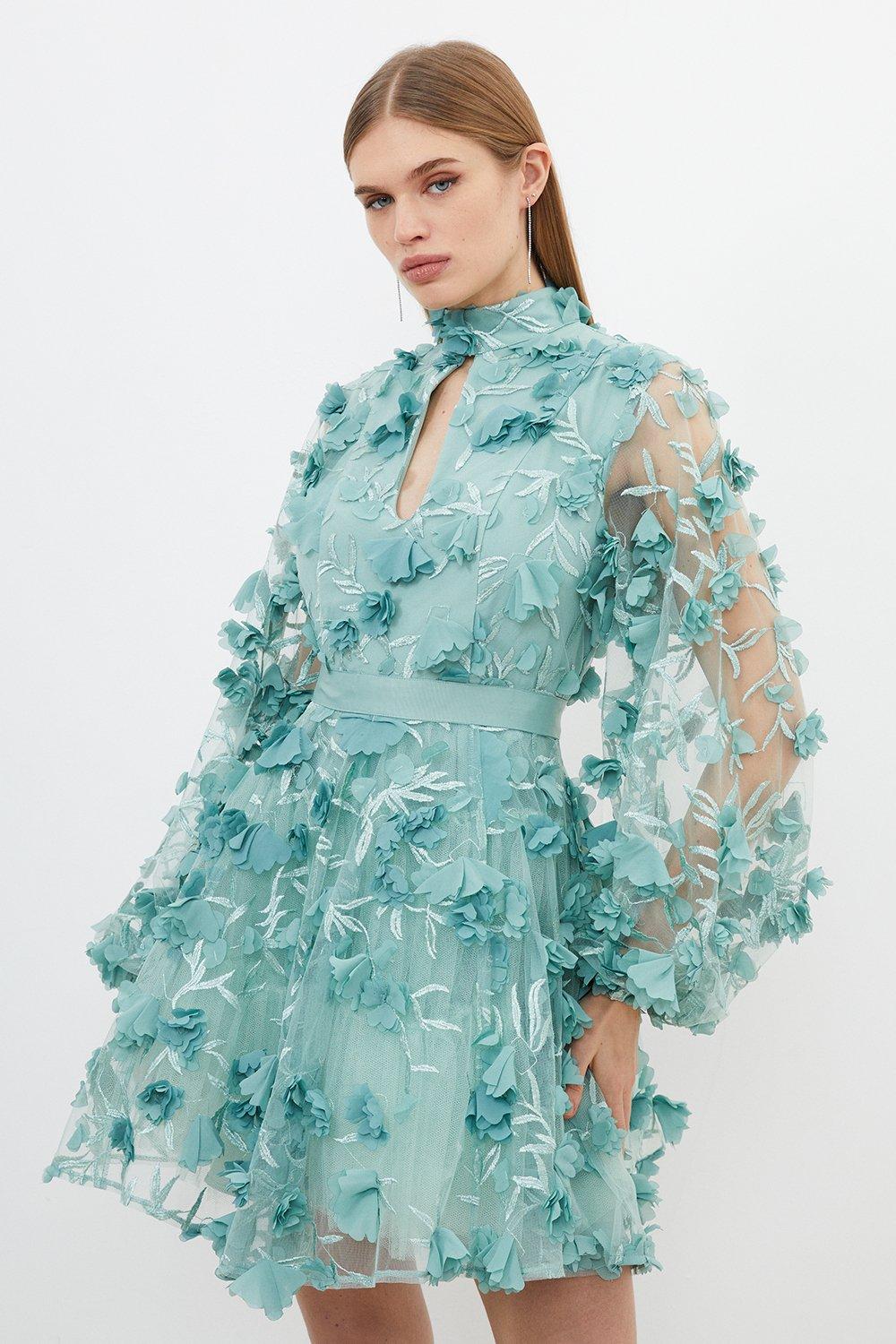Тканое мини-платье Petite с цветочной аппликацией Karen Millen, зеленый