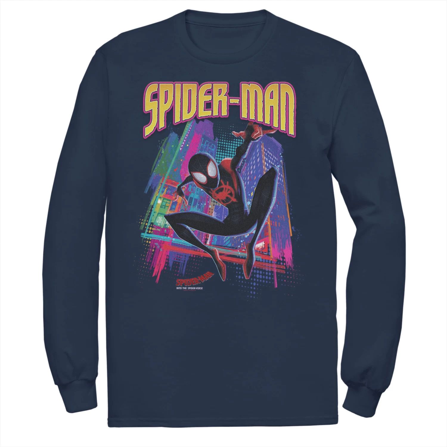 мужская футболка into the spider verse с рисунком брызг краски на хэллоуин marvel Мужская футболка Marvel Into The Spider-Verse Neon Skyline