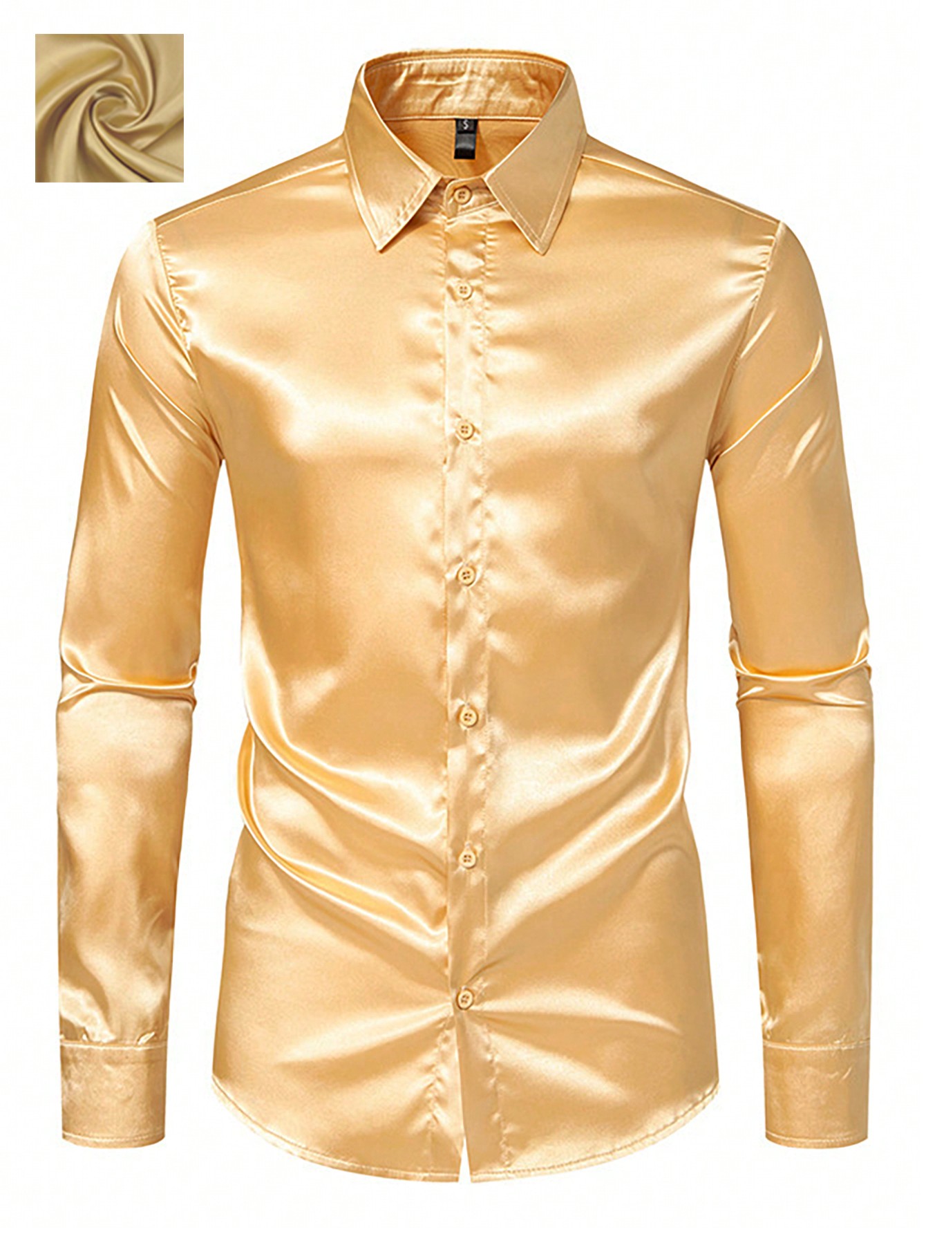 цена Мужская атласная однотонная повседневная рубашка с длинным рукавом, золото