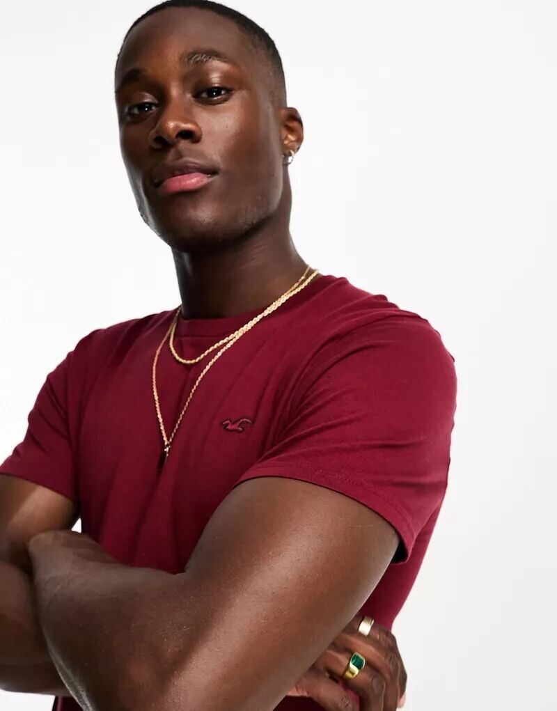 

Бордовая футболка с круглым вырезом и логотипом чайки Hollister