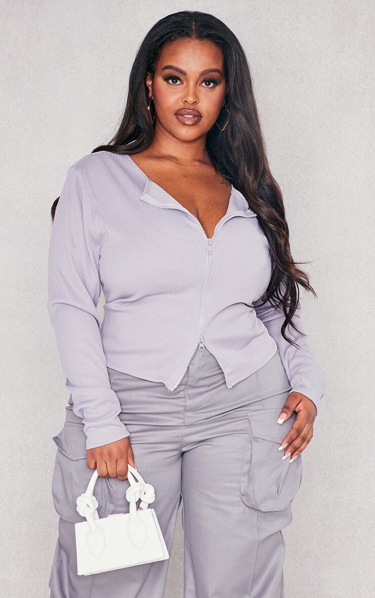 

PrettyLittleThing Серый топ с двойной молнией в рубчик Jumbo Plus
