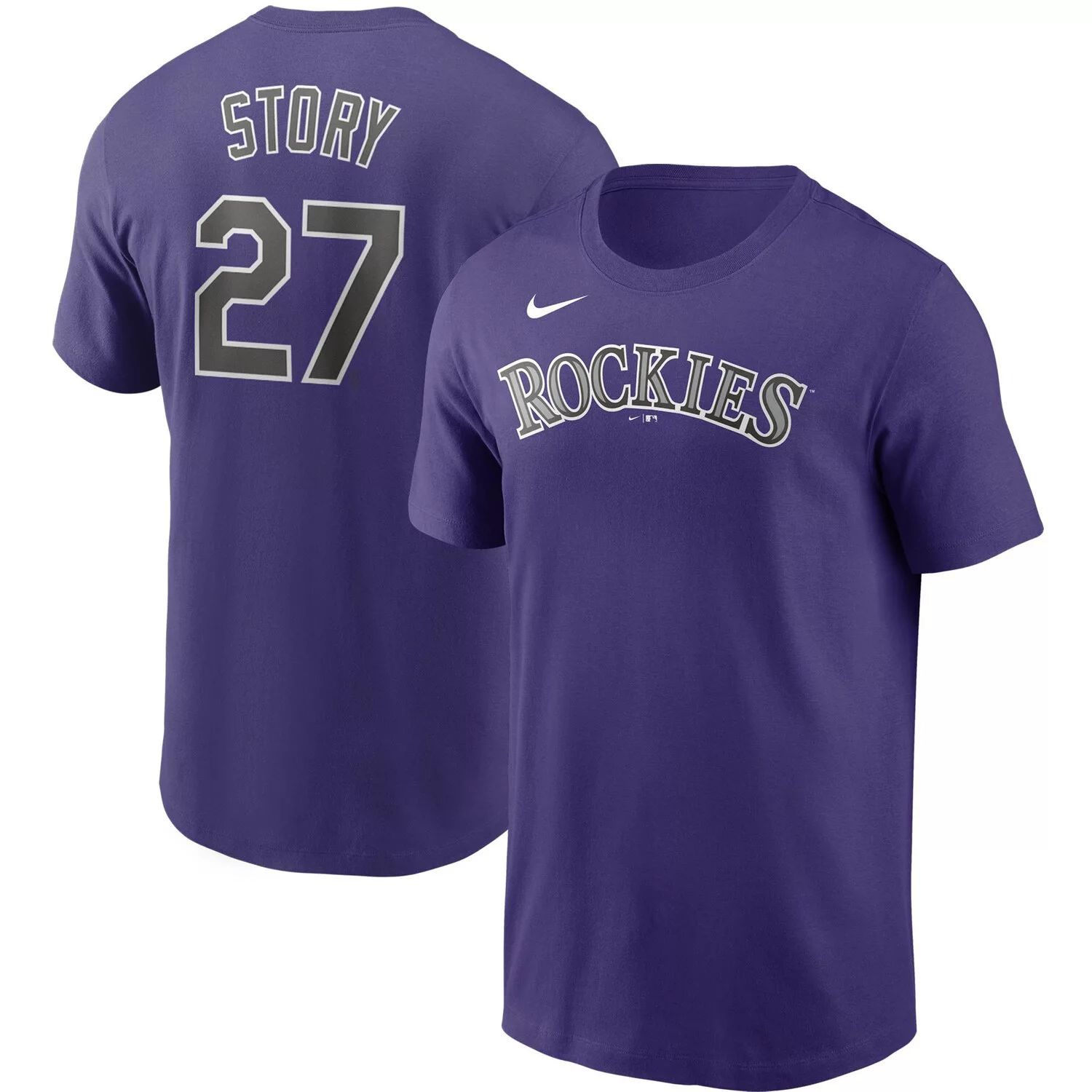 Мужская футболка Nike Trevor Story Purple Colorado Rockies с именем и номером команды мужская футболка kris bryant purple colorado rockies с именем и номером игрока nike фиолетовый