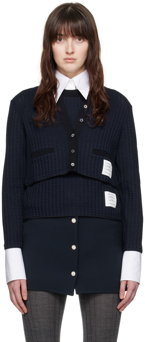 

Темно-синий жаккардовый кардиган в клетку Thom Browne