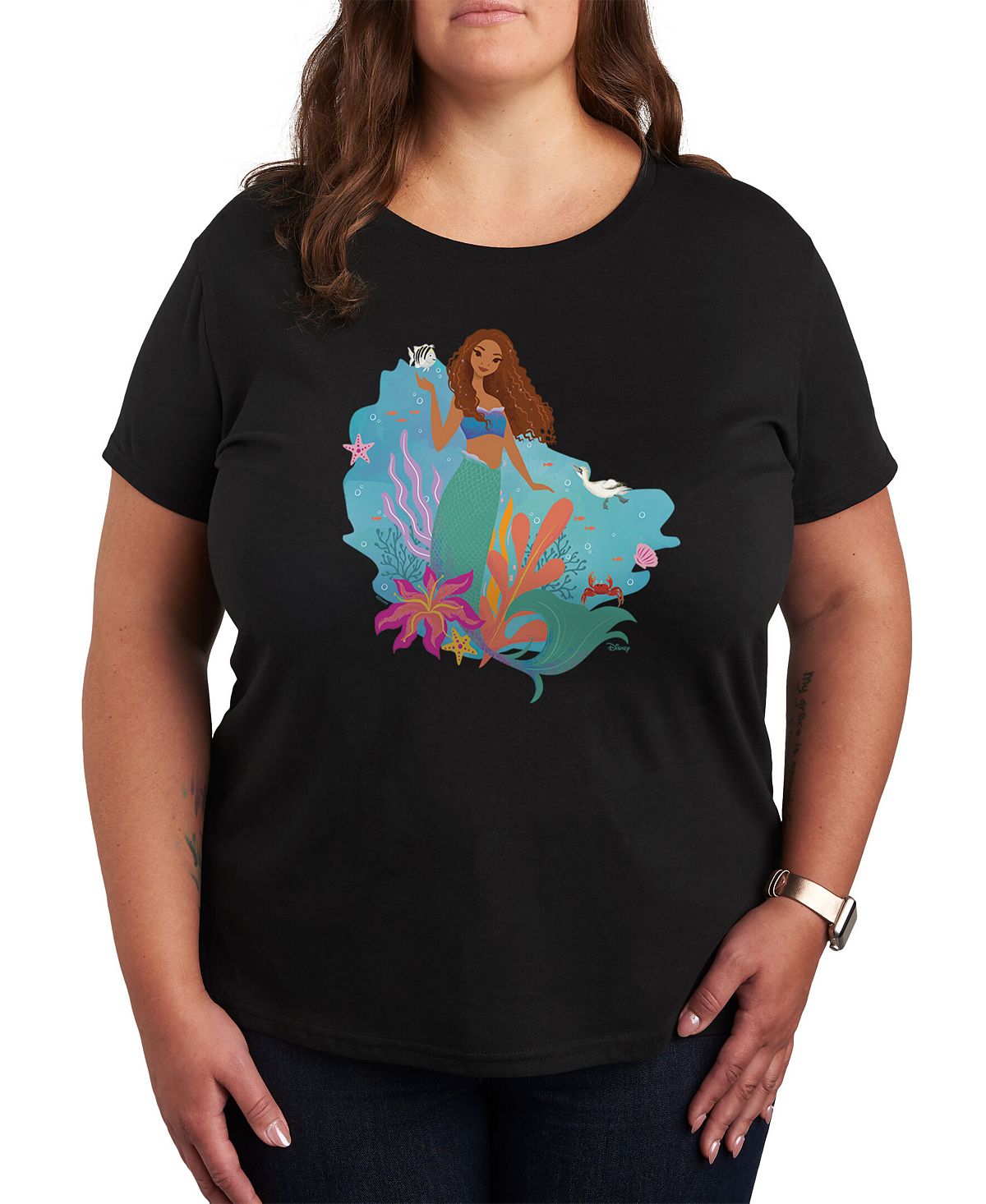 Модная футболка больших размеров с рисунком «Русалочка Ариэль» Air Waves, черный фотографии