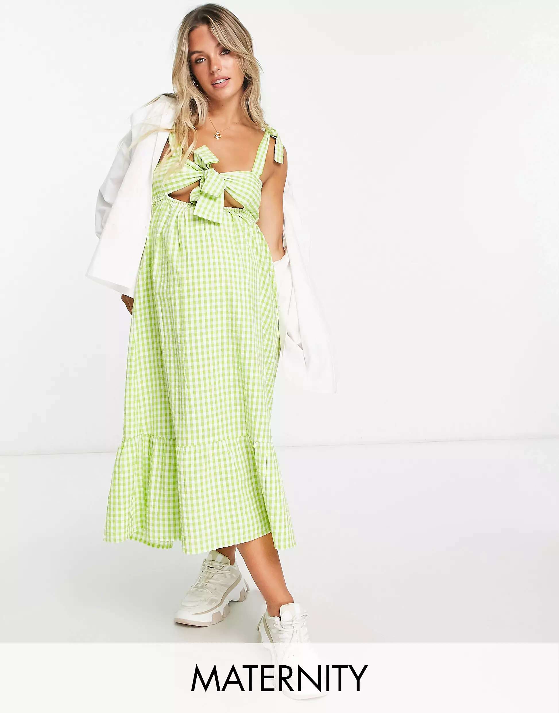 Платье миди в зеленую клетку с завязками и завязками спереди для беременных New Look New Look