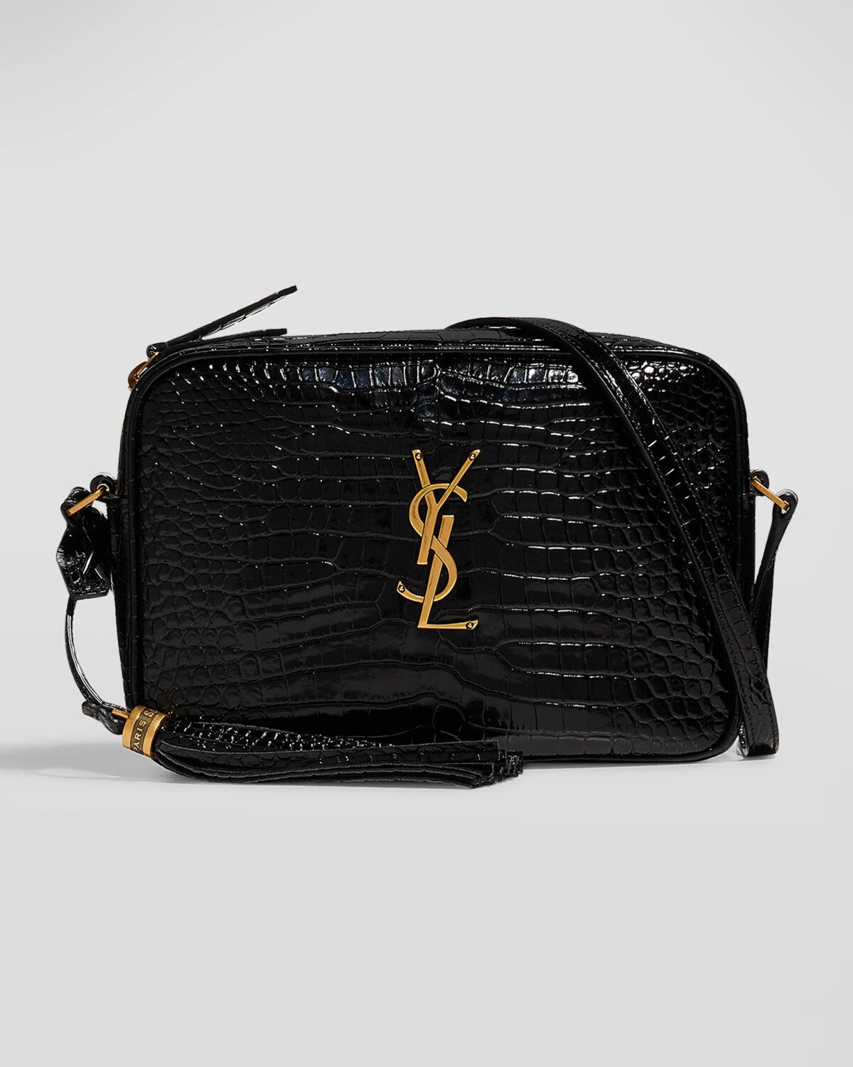 

Сумка для фотокамеры Lou Medium YSL с кисточкой из кожи с тиснением под крокодила Saint Laurent, цвет Nero