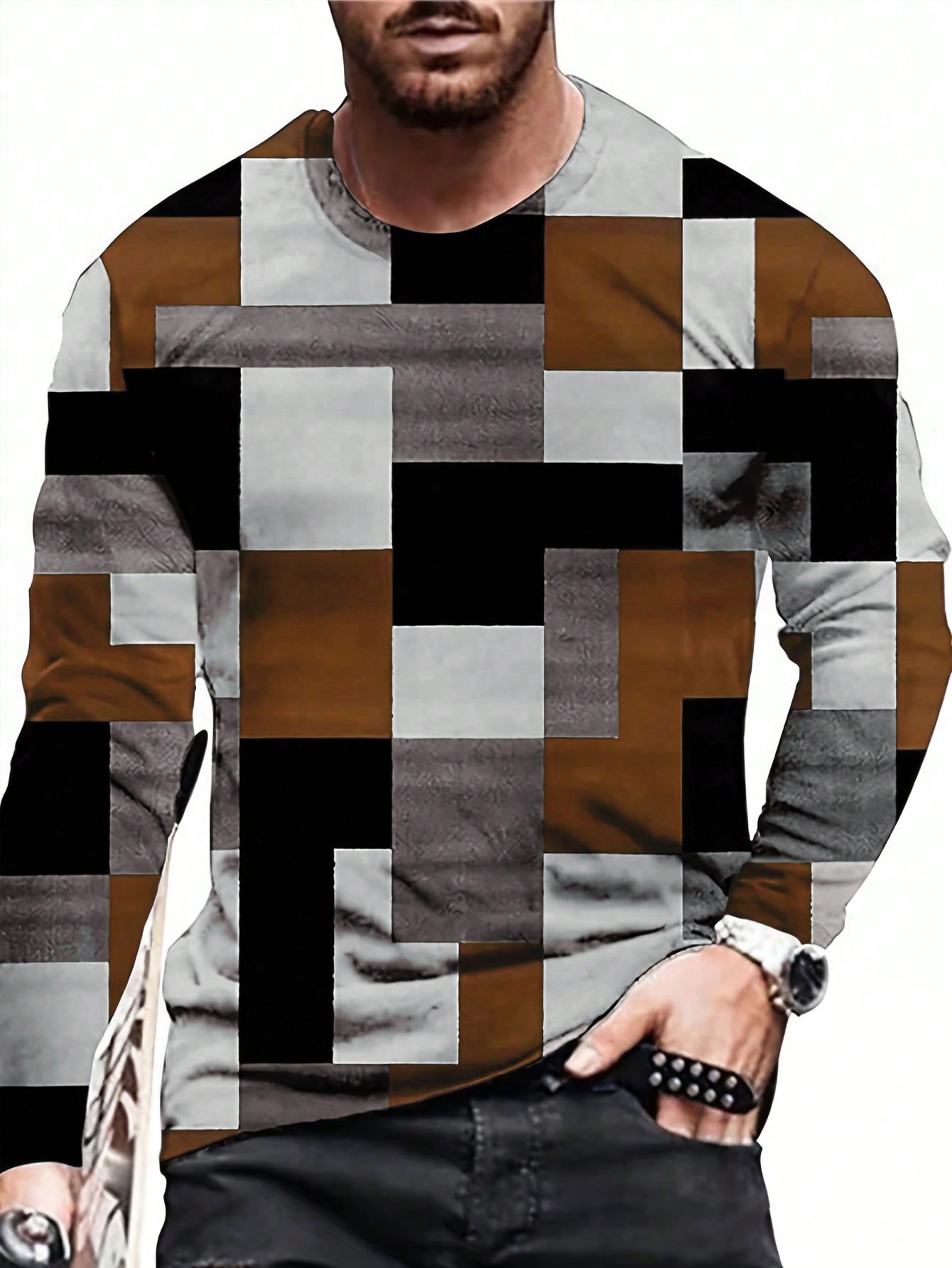 цена Мужская футболка Manfinity LEGND с круглым вырезом и длинными рукавами в стиле пэчворк с цветовым сочетанием, многоцветный