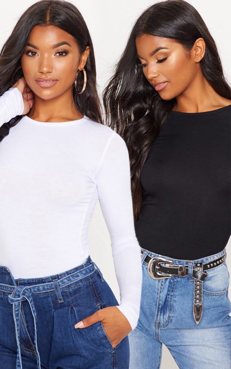 

PrettyLittleThing Набор базовых черно-белых приталенных футболок с длинными рукавами из смесового хлопка (2 шт.)