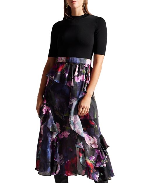 

Вязаное платье-миди с рюшами Ted Baker, цвет Black