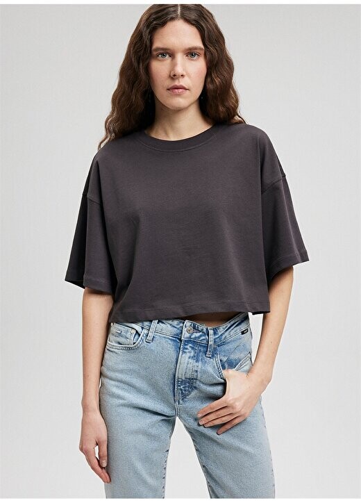

Серая женская футболка с круглым вырезом M1612377-70087-CROP BASIC Mavi, серый
