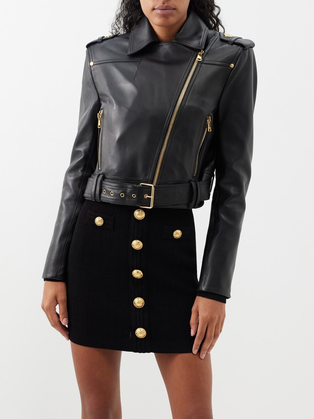 

Укороченная кожаная косуха Balmain, бургундия