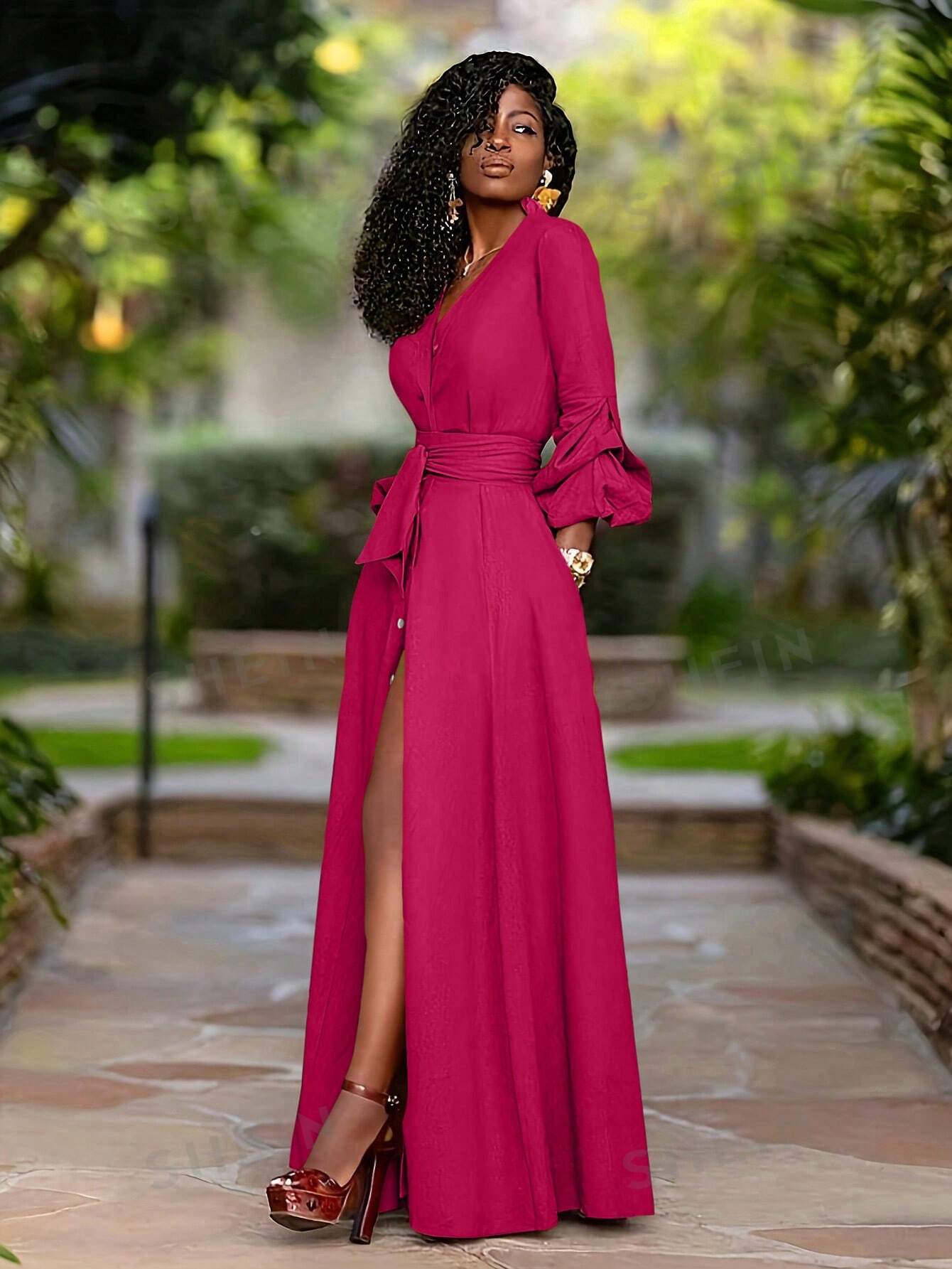 SHEIN Lady женское однобортное платье с v-образным вырезом и рукавами-фонариками, ярко-розовый женское сетчатое мини платье с вышивкой привлекательное короткое платье с рукавами фонариками и v образным вырезом весна 2021