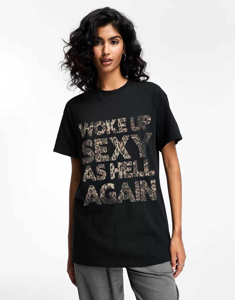 

Черная оверсайз-футболка с леопардовым принтом и надписью Woke up sexy ASOS