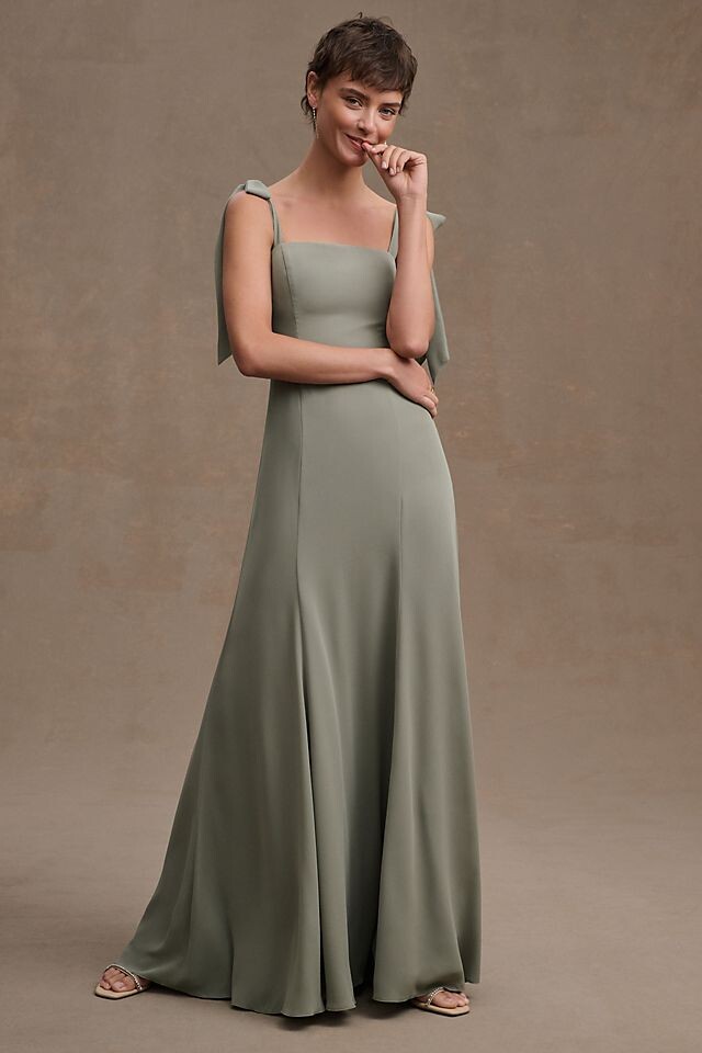 

Платье Bhldn Clara из жоржета с квадратным вырезом и завязками на плечах, мох