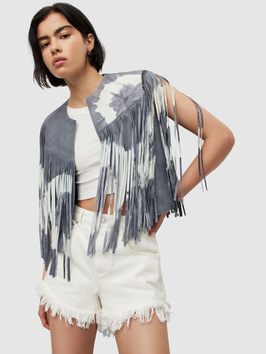 

Кожаный жилет с кисточками AllSaints Evie, темно-синий