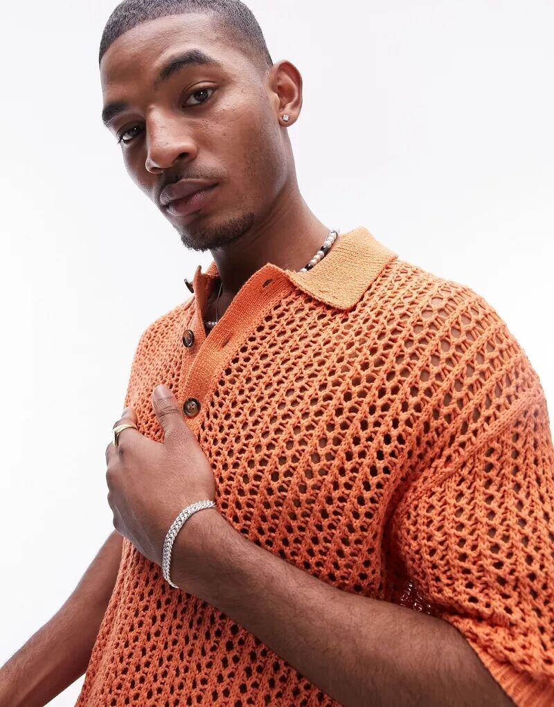 

Коралловая рубашка-поло в широкую сетку крючком Topman