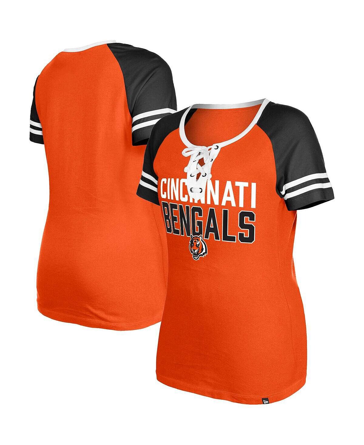 

Женская оранжевая футболка на шнуровке Cincinnati Bengals реглан New Era