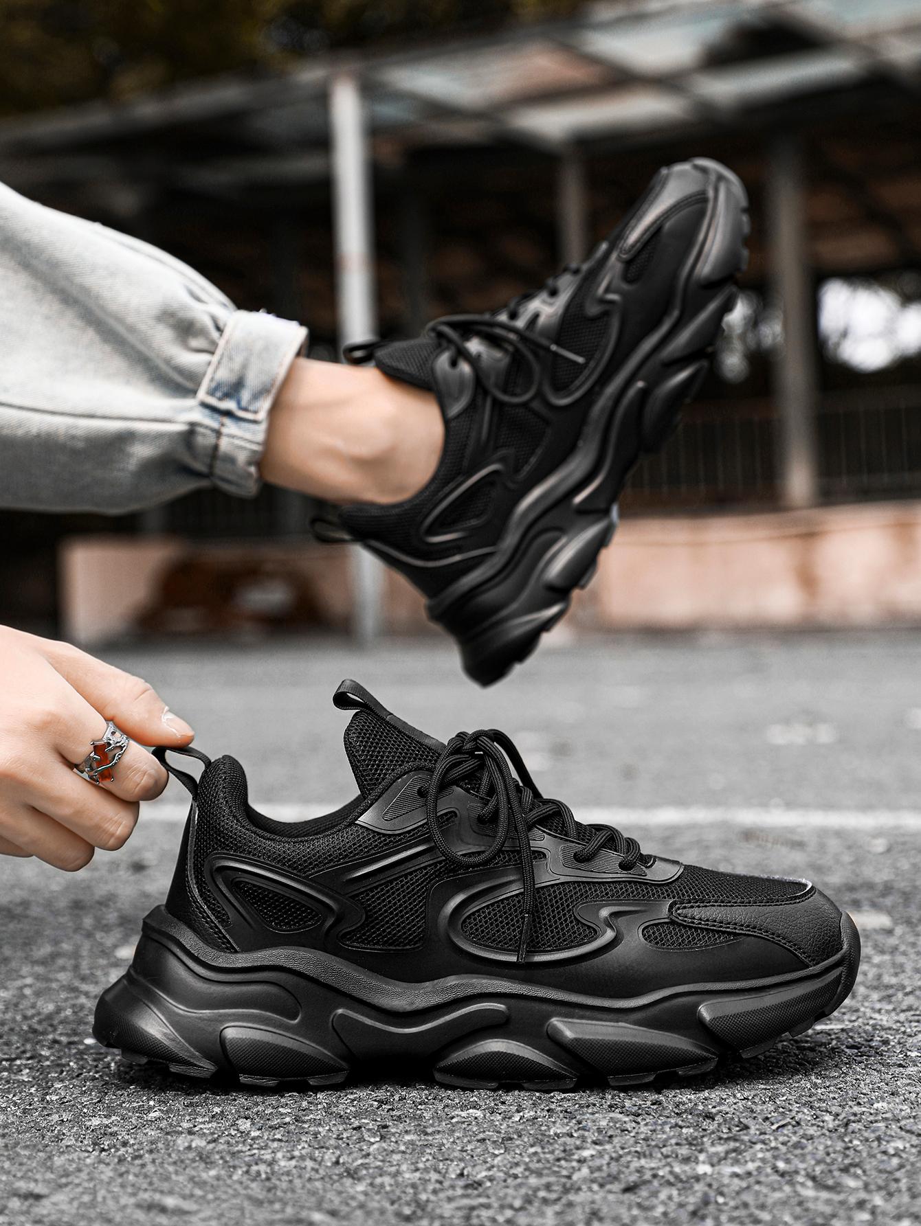 Мужские дышащие массивные кроссовки на шнуровке с легкими сетчатыми вставками и дизайном с цветными блоками, черный кроссовки мужские черные