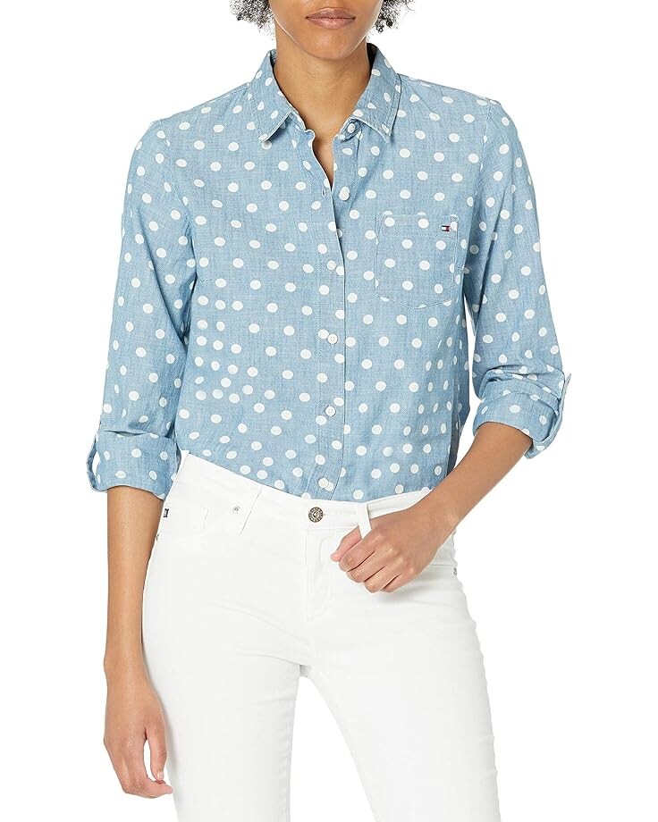 

Рубашка Tommy Hilfiger Women's Classic Long Sleeve Roll Tab Button Down Shirt (Standard and Plus Size), синий