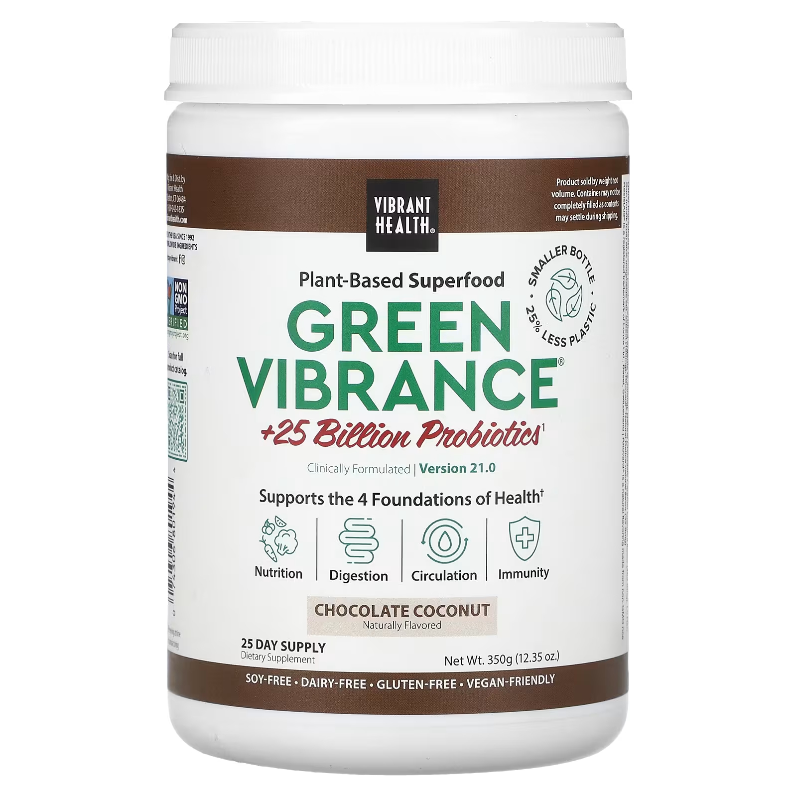 Vibrant Health Green Vibrance +25 миллиардов пробиотиков Версия 21.0 Шоколад Кокос 12,35 унции (350 г) vibrant health green vibrance 25 млрд пробиотиков версия 19 1 675 6 г 23 83 унции