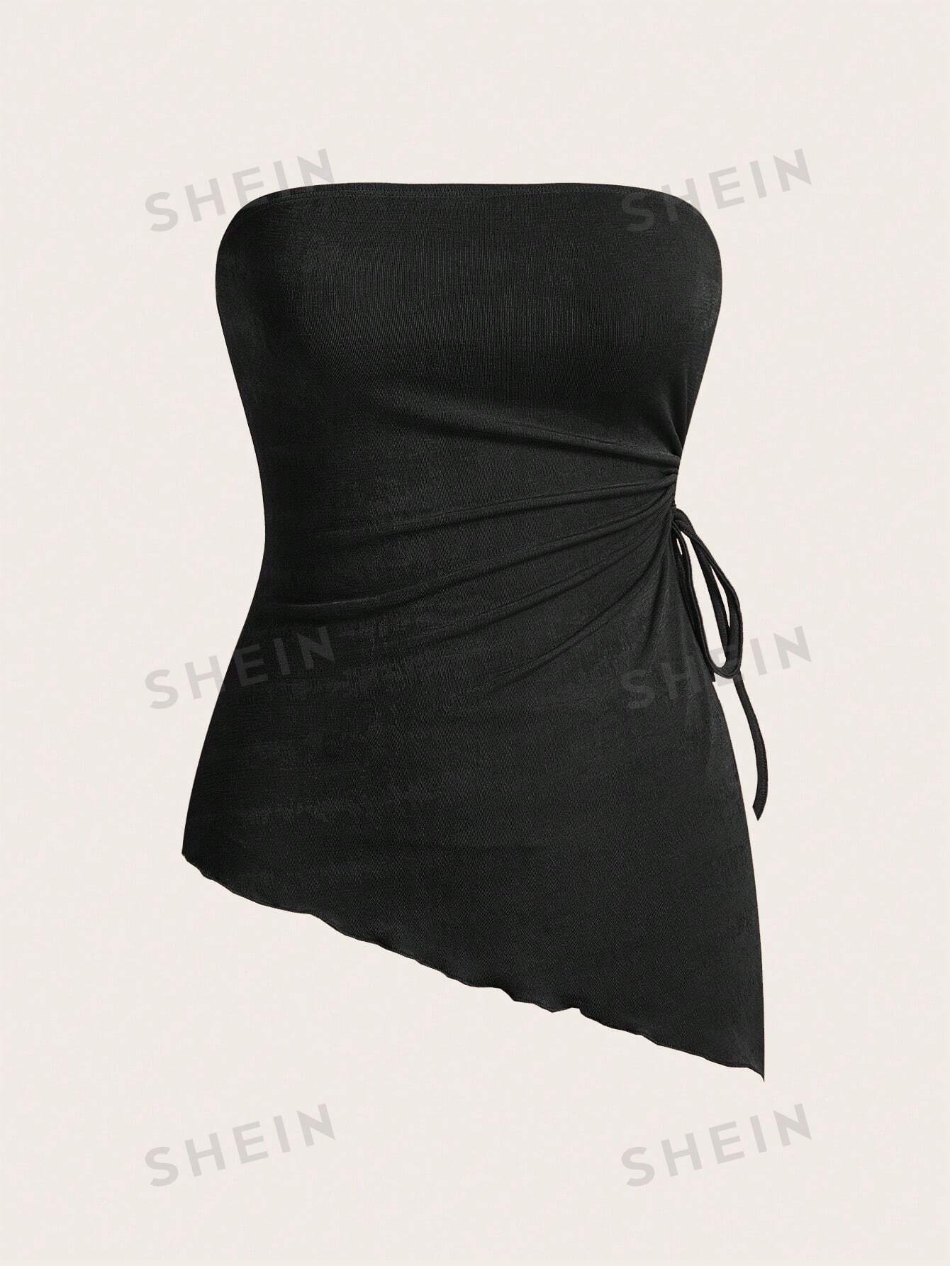 SHEIN MOD Вязаный женский асимметричный топ-бандо с завязками по бокам и неровным подолом, черный