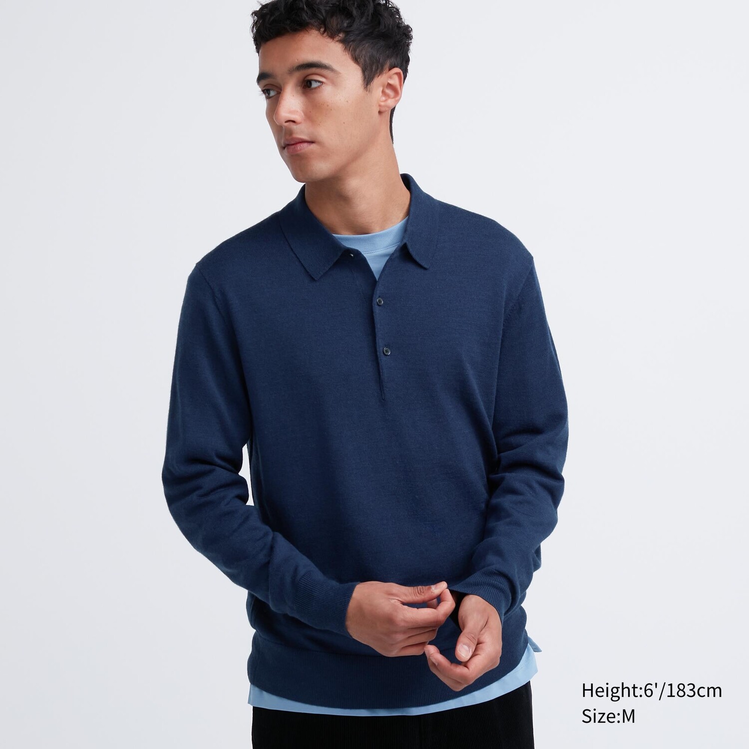 

Рубашка поло с длинными рукавами из 100% очень тонкой вязки мериноса Uniqlo, синий