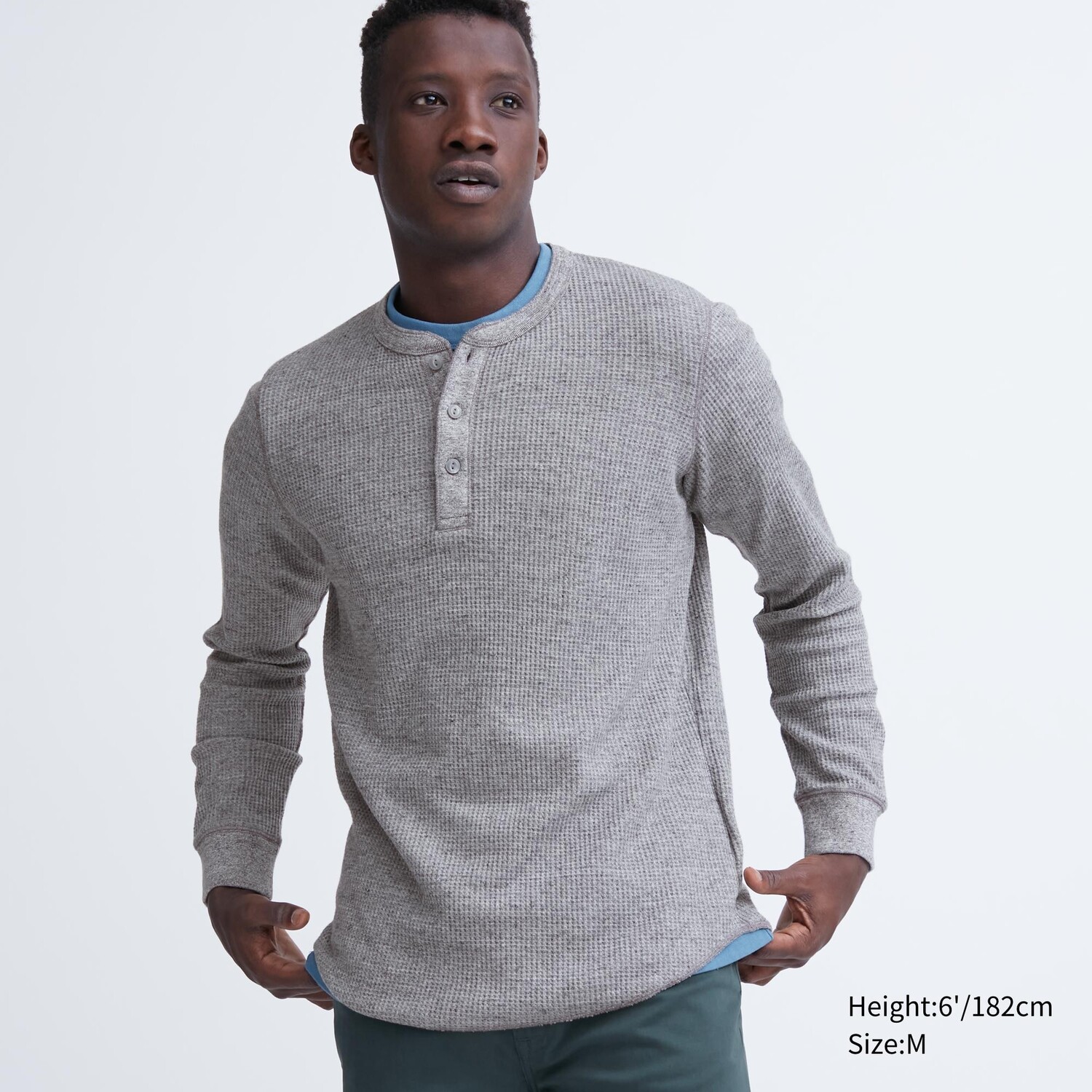 

Футболка с длинными рукавами и вафельным воротником Henley Uniqlo, серый