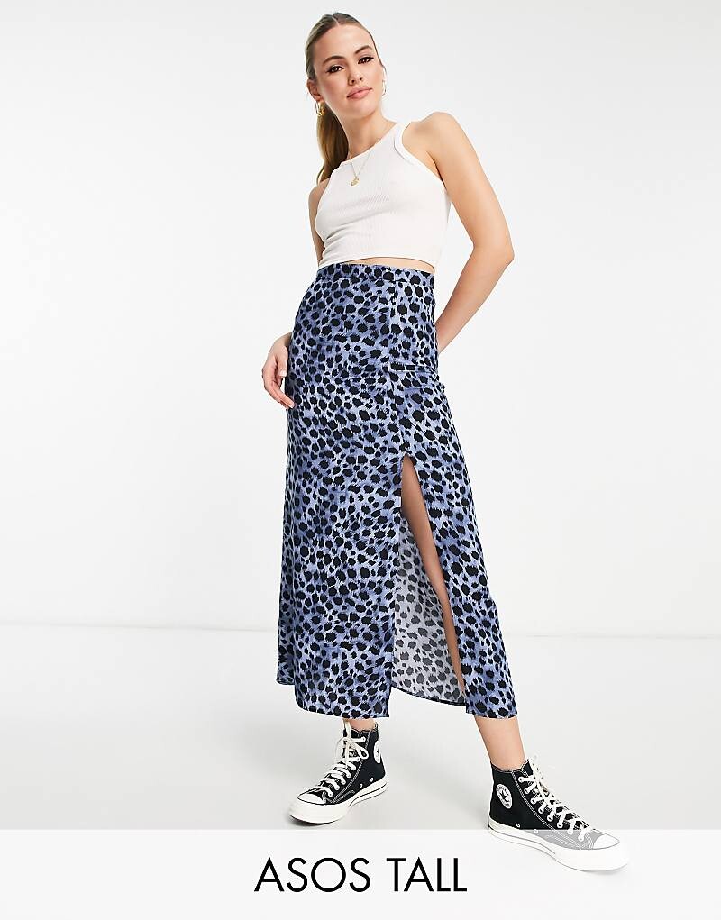 

Темно-синяя юбка-комбинация миди с леопардовым принтом ASOS DESIGN