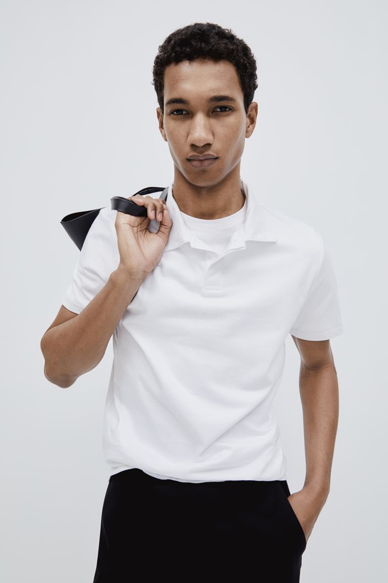 Рубашка-Поло с мускулистым кроем H&M, белый чувство дизайна нишу рубашка женская 2021 лето новый японский средней длины поло с короткими рукавами рубашка с воротником топ