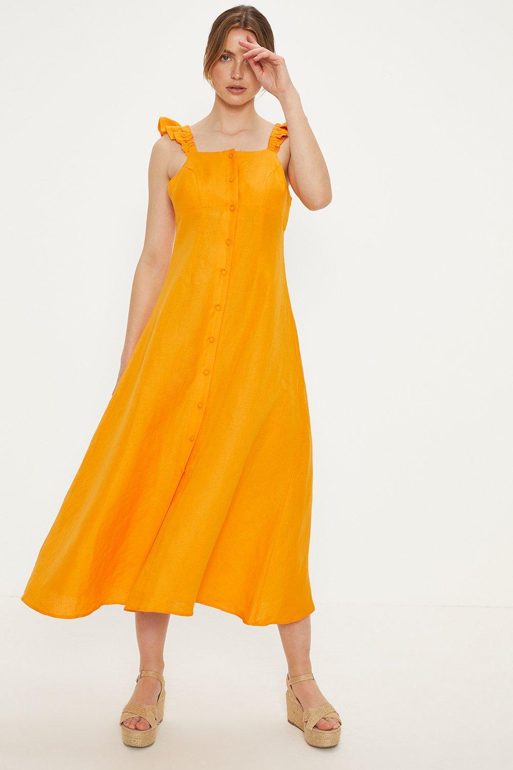 Платье миди на пуговицах из льна Oasis, оранжевый платье миди прямое из льна в клетку 48 каштановый