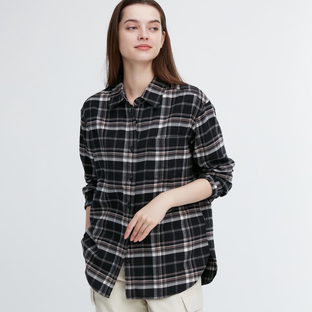 

Рубашка Uniqlo фланелевая клетчатя с длинными рукавами, черный
