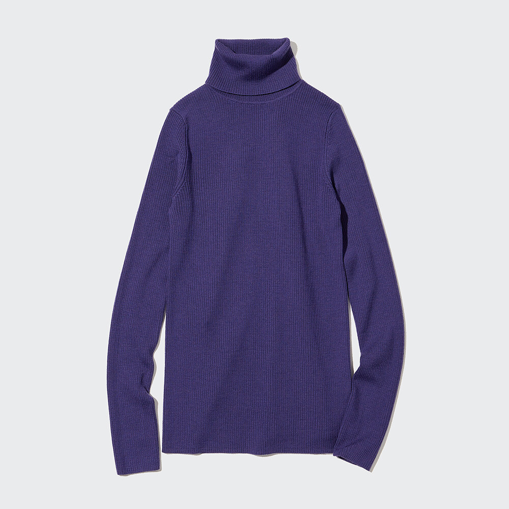

Свитер Uniqlo камвольный в рубчик из мериносовой ткани с двумя лацканами, фиолетовый