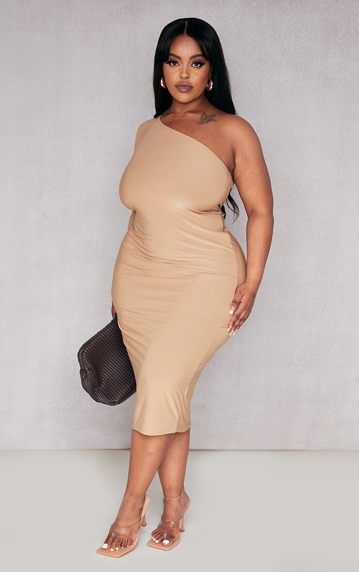 

PrettyLittleThing Облегающее платье миди на одно плечо Plus Stone
