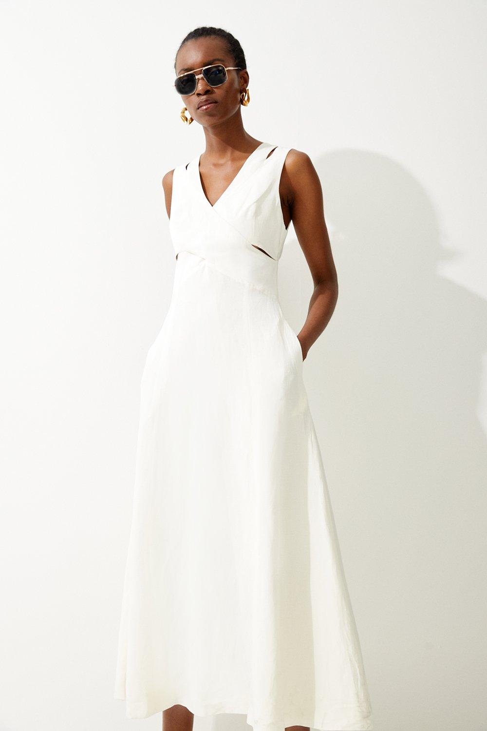Тканое платье миди с открытой спиной и V-образным вырезом Karen Millen, белый платье панинтер лаконичное 48 размер
