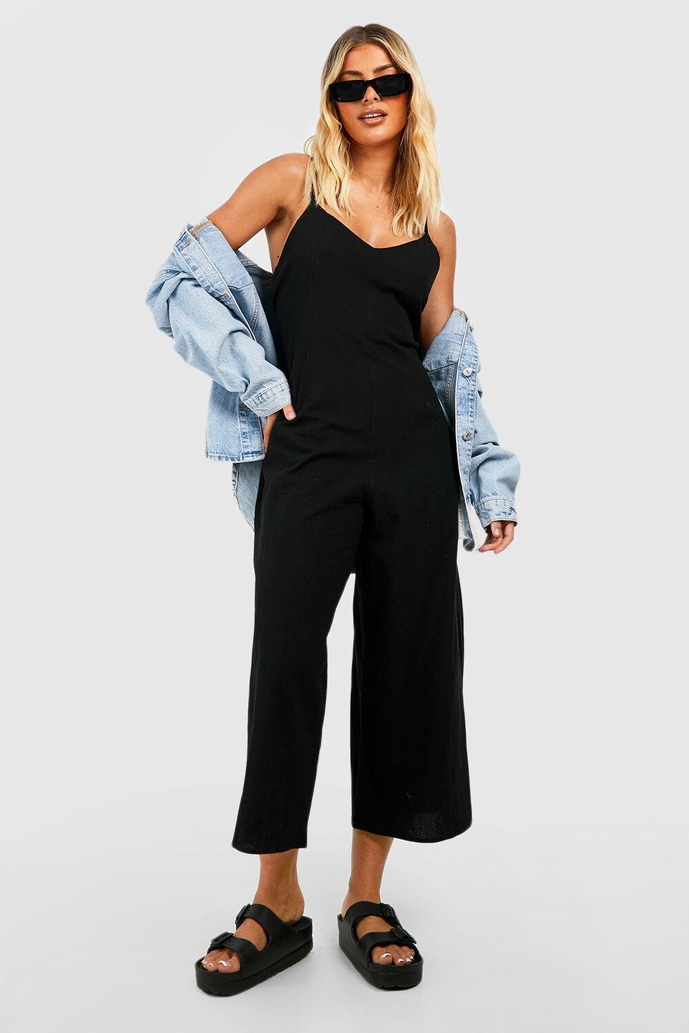 

Льняной комбинезон-кюлот на бретельках Boohoo, черный