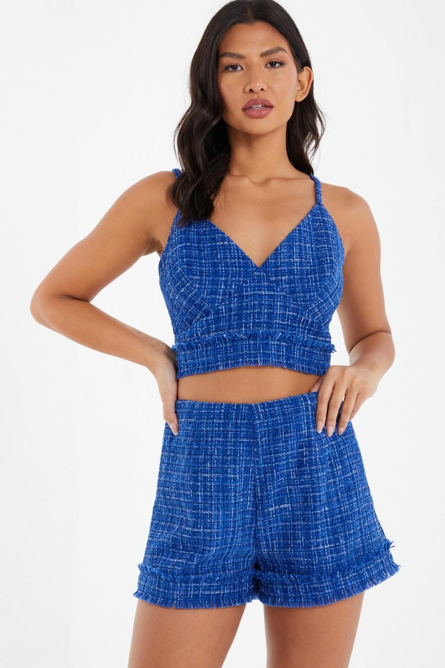 

Шорты из ткани букле в клетку королевского синего цвета QUIZ Clothing