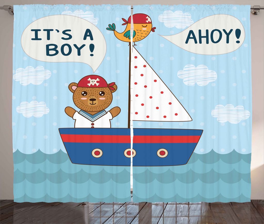 

ABAKUHAUS Ahoy It's a Boy Занавеска в деревенском стиле, Мишка для детского душа, Ленточная занавеска с рюшами и петлями для спальни, 280 x 175 см, Разноцветная