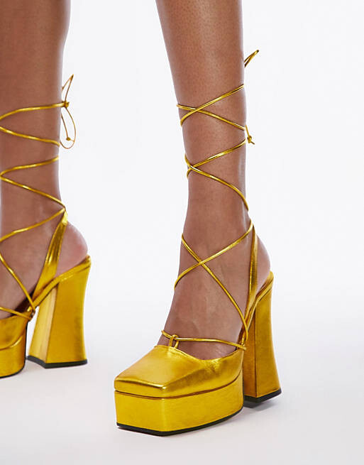 

TOPSHOP LIMITED EDITION Золотистые кожаные туфли премиум-класса на каблуке с квадратным носком Frankie
