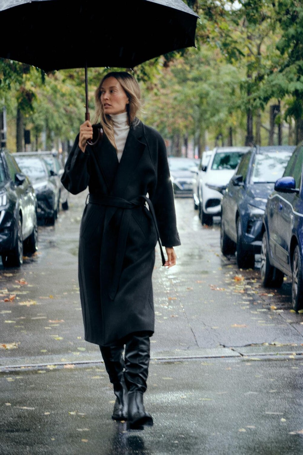 

Удлиненное пальто из смесовой шерсти с поясом ZARA, черный