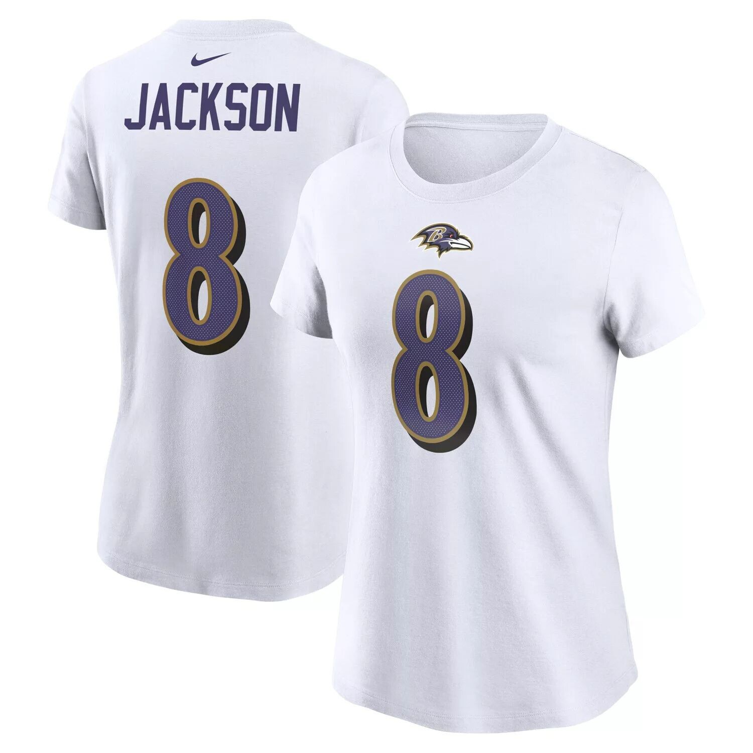 

Женская белая футболка Nike Lamar Jackson Baltimore Ravens с именем и номером игрока Nike, Белый